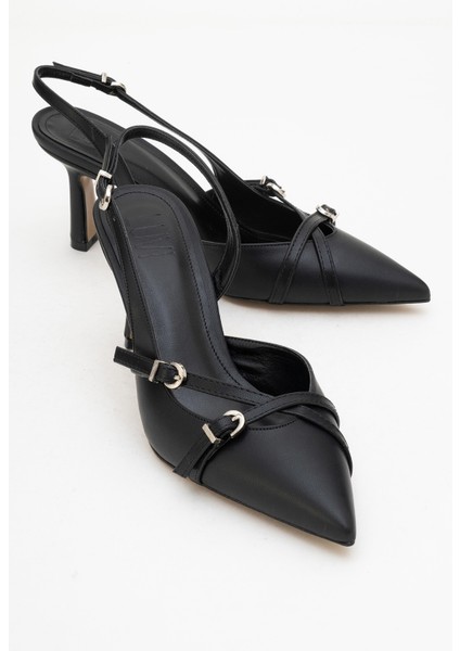 Biana Siyah Cilt Tokalı Sivri Burunlu Kadın Topuklu Ayakkabı