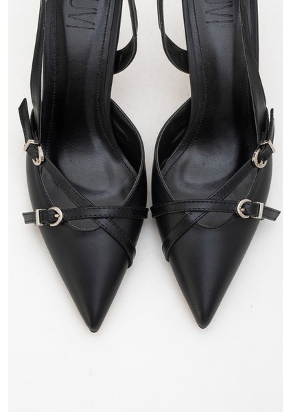 Biana Siyah Cilt Tokalı Sivri Burunlu Kadın Topuklu Ayakkabı fiyatları