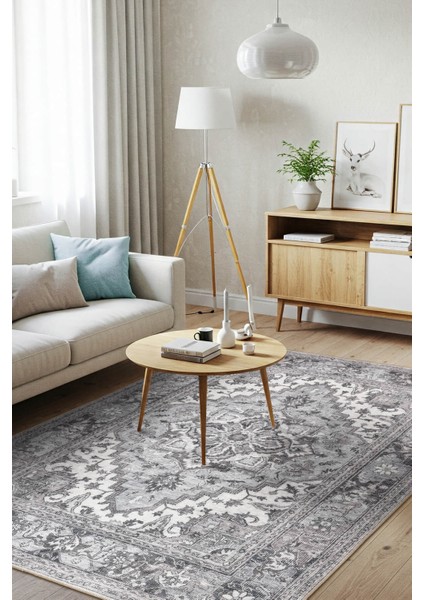 Stonart Eskitme Vintage Desenli Gri Otantik Yıkanabilir Şönil Halı Al 455