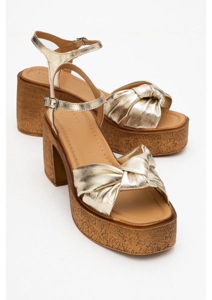 Tıly Altın Cilt Hakiki Deri Kadın Platform Topuklu Sandalet