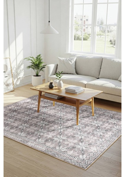 Stonart Eskitme Vintage Desenli Bej/pudra Otantik Yıkanabilir Şönil Halı Al 459