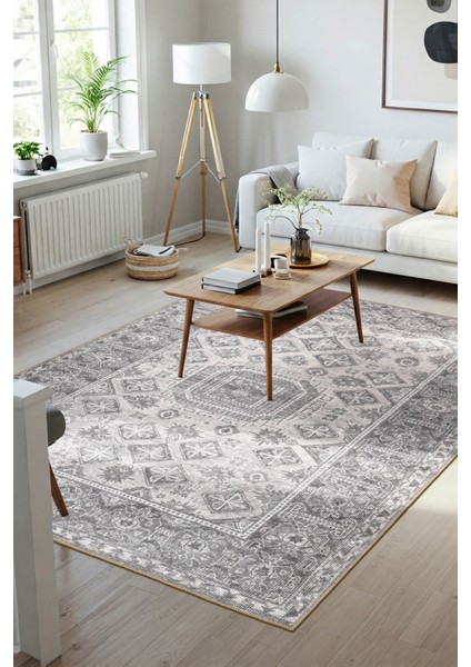 Stonart Eskitme Vintage Desenli Gri Otantik Yıkanabilir Şönil Halı Al 456