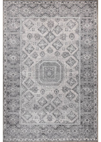Stonart Eskitme Vintage Desenli Gri Otantik Yıkanabilir Şönil Halı Al 456