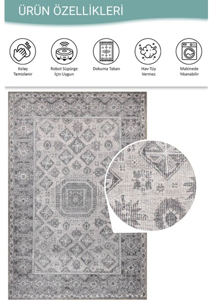 Stonart Eskitme Vintage Desenli Gri Otantik Yıkanabilir Şönil Halı Al 456