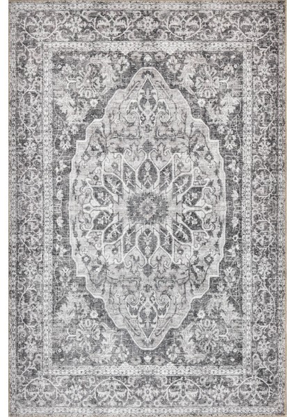 Stonart Eskitme Vintage Desenli Gri Otantik Yıkanabilir Şönil Halı Al 457