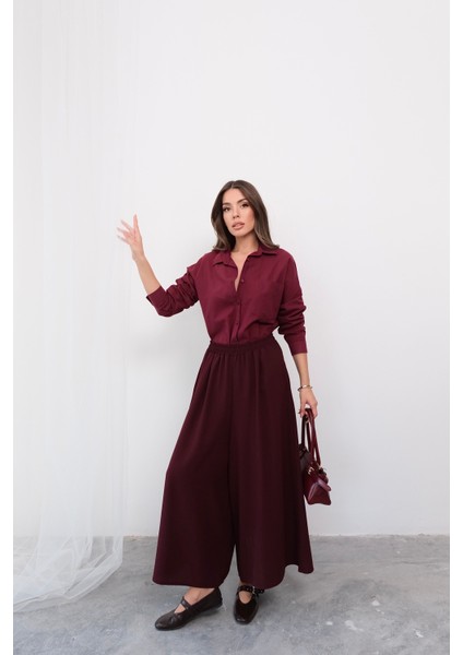 Beli Lastikli Geniş Kesim Kloş double Krep pantolon Etek 5187 - Bordo