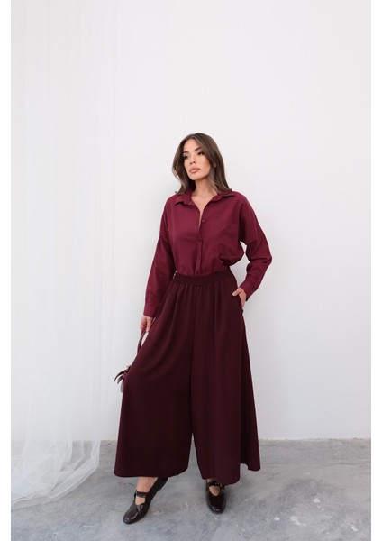 Beli Lastikli Geniş Kesim Kloş double Krep pantolon Etek 5187 - Bordo indirimleri
