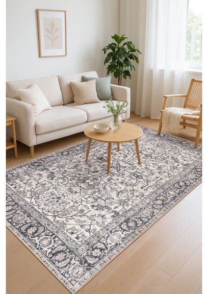 Stonart Eskitme Vintage Desenli Bej/gri Otantik Yıkanabilir Şönil Halı Al 458