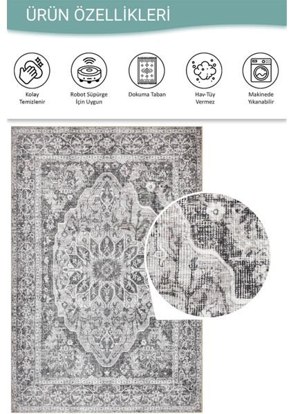 Stonart Eskitme Vintage Desenli Gri Otantik Yıkanabilir Şönil Halı Al 457
