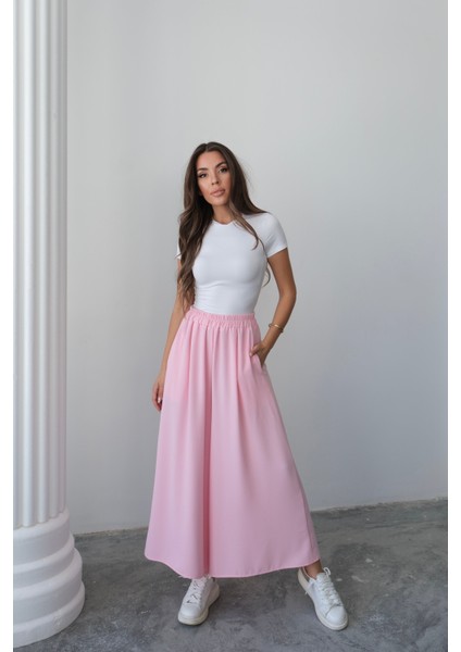 Beli Lastikli Geniş Kesim Kloş double Krep pantolon Etek 5187 - Pembe fiyatları