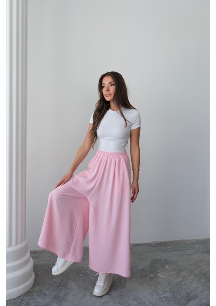 Beli Lastikli Geniş Kesim Kloş double Krep pantolon Etek 5187 - Pembe fırsatları