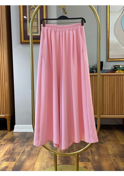 Beli Lastikli Geniş Kesim Kloş double Krep pantolon Etek 5187 - Pembe