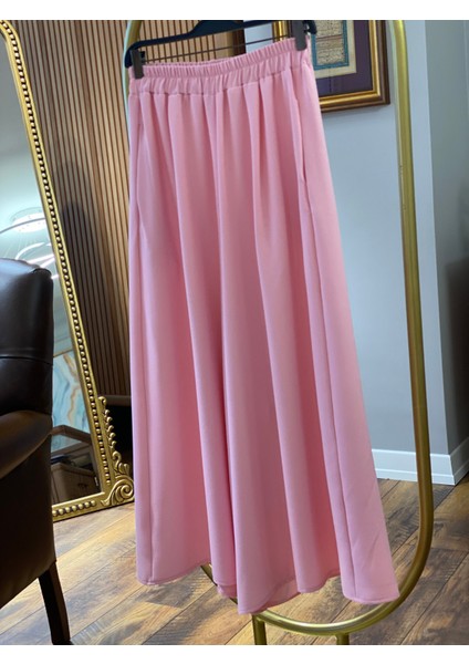Beli Lastikli Geniş Kesim Kloş double Krep pantolon Etek 5187 - Pembe