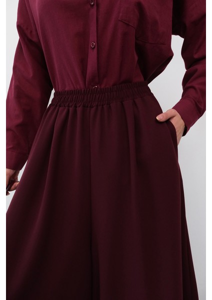 Beli Lastikli Geniş Kesim Kloş double Krep pantolon Etek 5187 - Bordo