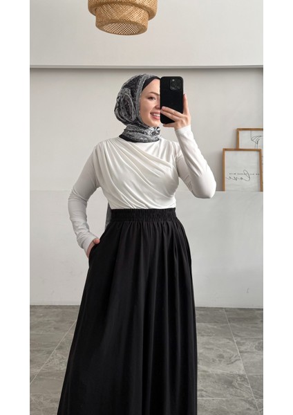 Beli Lastikli Geniş Paça Modal Etekli Pantolon 8809 - Siyah