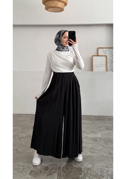 Beli Lastikli Geniş Paça Modal Etekli Pantolon 8809 - Siyah fiyatları