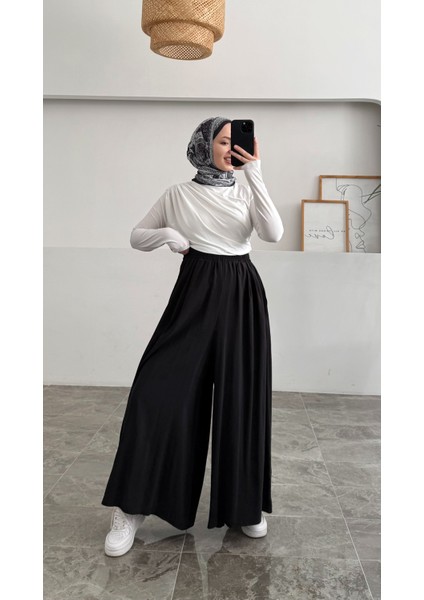 Beli Lastikli Geniş Paça Modal Etekli Pantolon 8809 - Siyah fırsatları