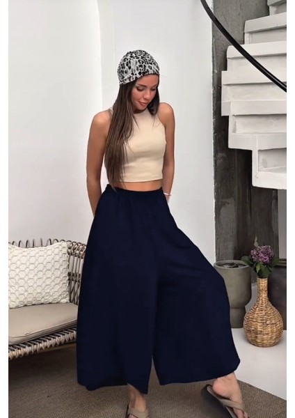 Beli Lastikli Geniş Kesim Kloş double Krep pantolon Etek 5187 - Lacivert
