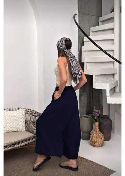 Beli Lastikli Geniş Kesim Kloş double Krep pantolon Etek 5187 - Lacivert