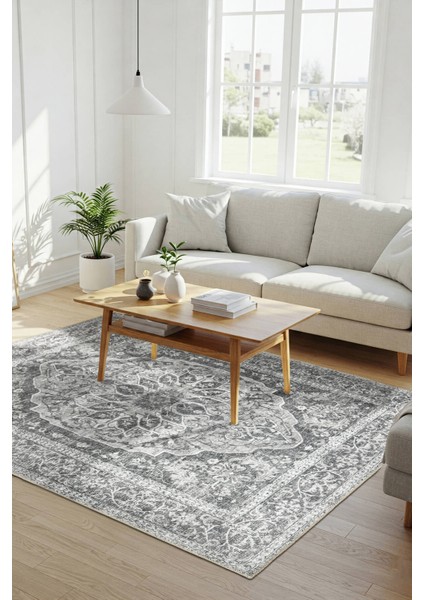 Stonart Eskitme Vintage Desenli Gri Otantik Yıkanabilir Şönil Halı Al 457