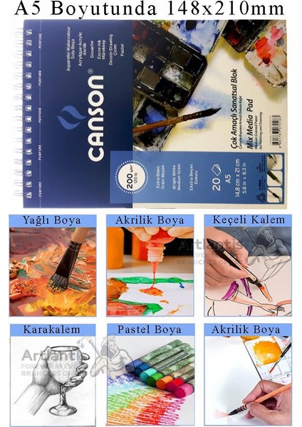 Canson Çok Amaçlı Sanatsal Blok A5 200 gr 20 Yaprak 1 Adet 10 Renk Guaj Boya Fırça Palet Spatula Fırça Temizleme Kabı