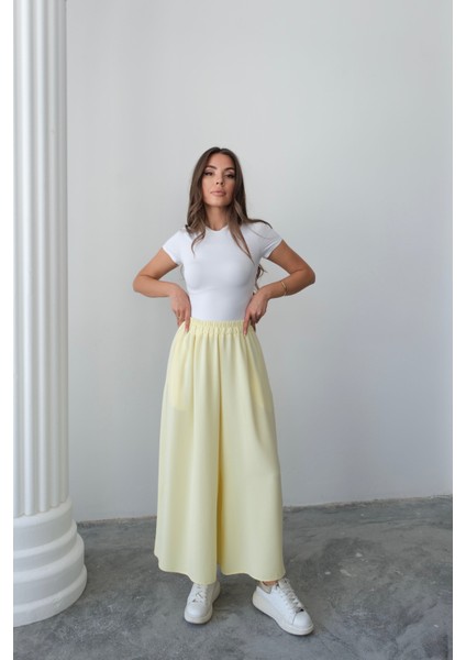 Beli Lastikli Geniş Kesim Kloş double Krep pantolon Etek 5187 - Sarı fiyatları