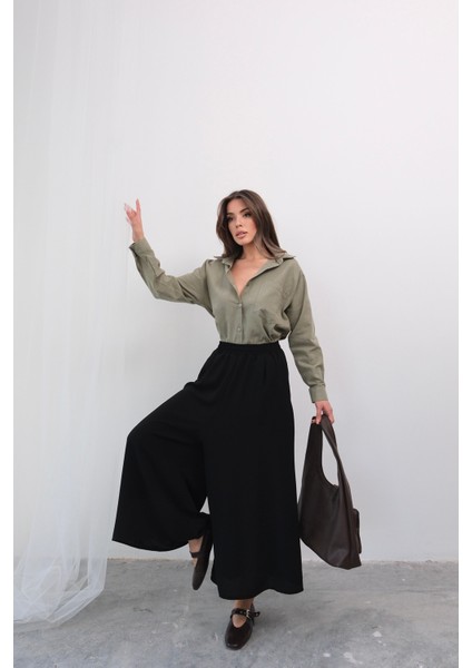 Beli Lastikli Geniş Kesim Kloş double Krep pantolon Etek 5187 - Siyah