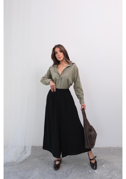 Beli Lastikli Geniş Kesim Kloş double Krep pantolon Etek 5187 - Siyah