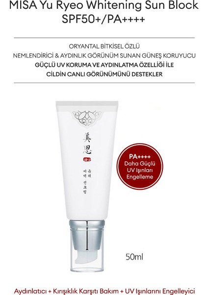 Nemlendirici ve Aydınlatıcı Güneş Kremi MISA Yu Ryeo Whitening Sun Block SPF50+/PA++++ 50ml fiyatları