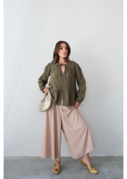 Beli Lastikli Geniş Kesim Kloş double Krep pantolon Etek 5187 - Bej modelleri