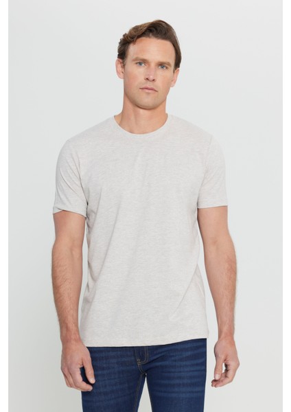 Erkek Bej Melanj Pamuklu Slim Fit Dar Kesim Bisiklet Yaka Tişört