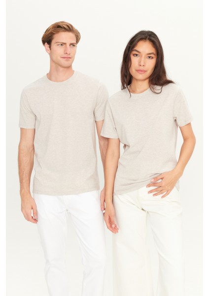 Erkek Bej Melanj Pamuklu Slim Fit Dar Kesim Bisiklet Yaka Tişört fiyatları