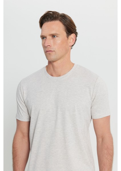 Erkek Bej Melanj Pamuklu Slim Fit Dar Kesim Bisiklet Yaka Tişört