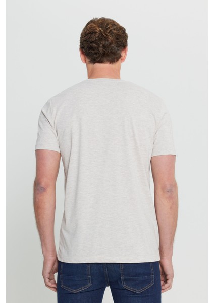 Erkek Bej Melanj Pamuklu Slim Fit Dar Kesim Bisiklet Yaka Tişört