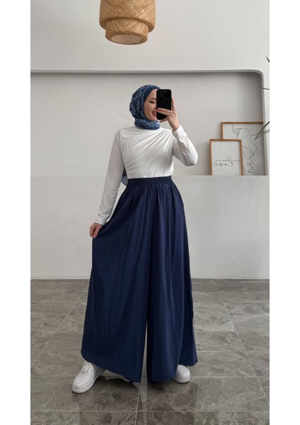 Beli Lastikli Geniş Paça Modal Etekli Pantolon 8809 - Lacivert
