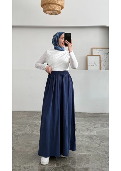 Beli Lastikli Geniş Paça Modal Etekli Pantolon 8809 - Lacivert