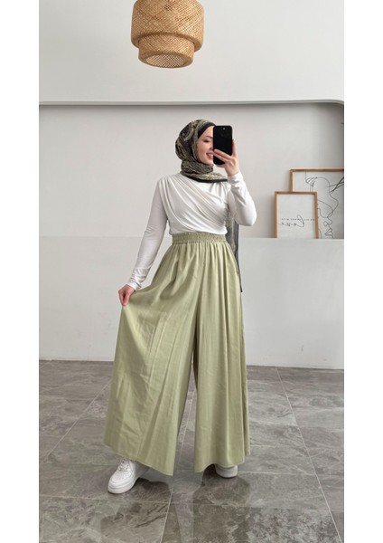 Beli Lastikli Geniş Paça Modal Etekli Pantolon 8809 - Su Yeşili