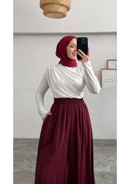 Beli Lastikli Geniş Paça Modal Etekli Pantolon 8809 - Bordo
