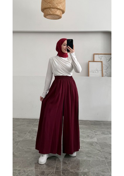 Beli Lastikli Geniş Paça Modal Etekli Pantolon 8809 - Bordo fiyatları