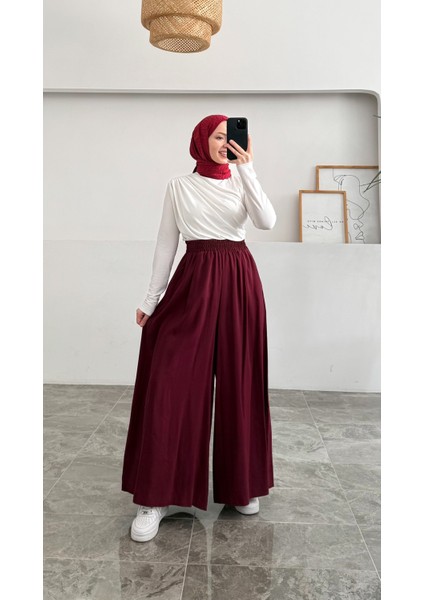 Beli Lastikli Geniş Paça Modal Etekli Pantolon 8809 - Bordo modelleri