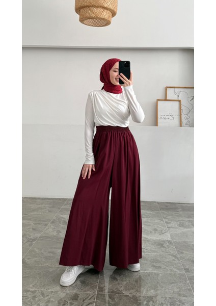 Beli Lastikli Geniş Paça Modal Etekli Pantolon 8809 - Bordo indirimleri