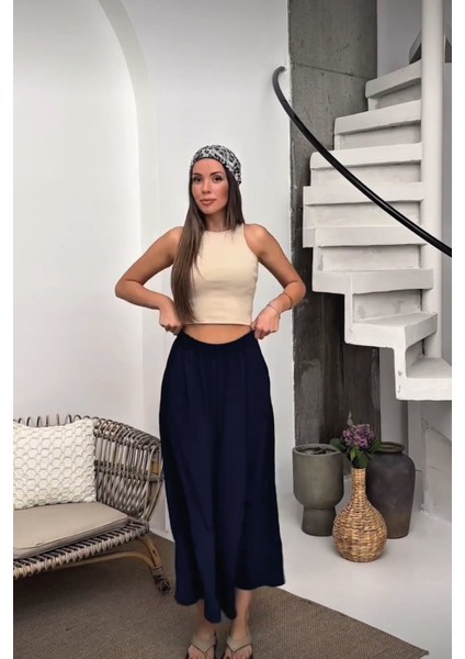 Beli Lastikli Geniş Kesim Kloş double Krep pantolon Etek 5187 - Lacivert