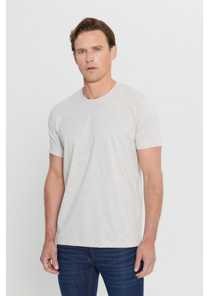 Erkek Bej Melanj Pamuklu Slim Fit Dar Kesim Bisiklet Yaka Tişört