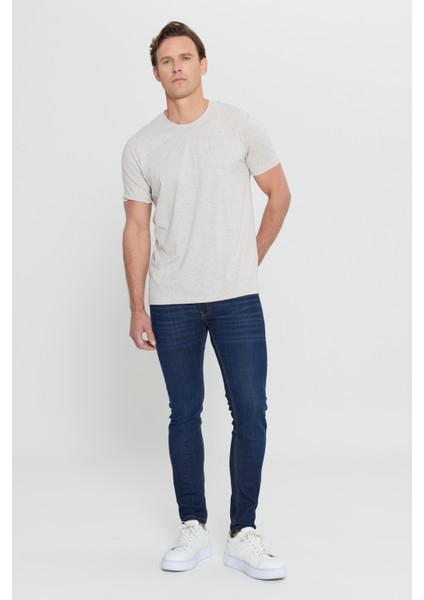 Erkek Bej Melanj Pamuklu Slim Fit Dar Kesim Bisiklet Yaka Tişört