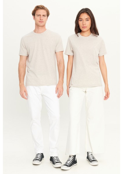 Erkek Bej Melanj Pamuklu Slim Fit Dar Kesim Bisiklet Yaka Tişört