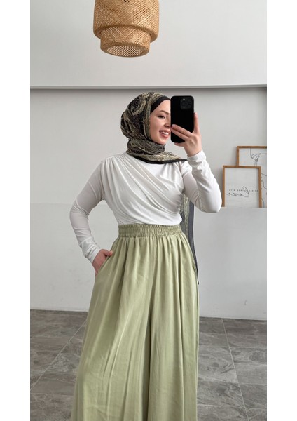 Beli Lastikli Geniş Paça Modal Etekli Pantolon 8809 - Su Yeşili modelleri