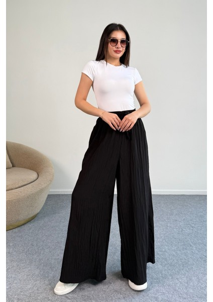 Kraşlı Beli Lastikli modal Geniş Paça Palazzo Pantolon 8846 - Siyah