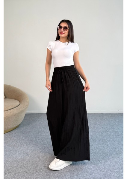 Kraşlı Beli Lastikli modal Geniş Paça Palazzo Pantolon 8846 - Siyah fırsatları