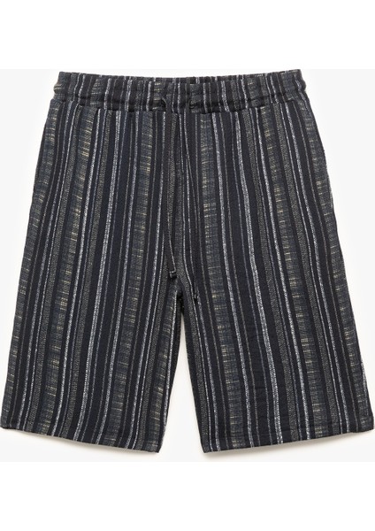 Beli Bağcıklı Bürümcük Çizgili Bermuda Şort