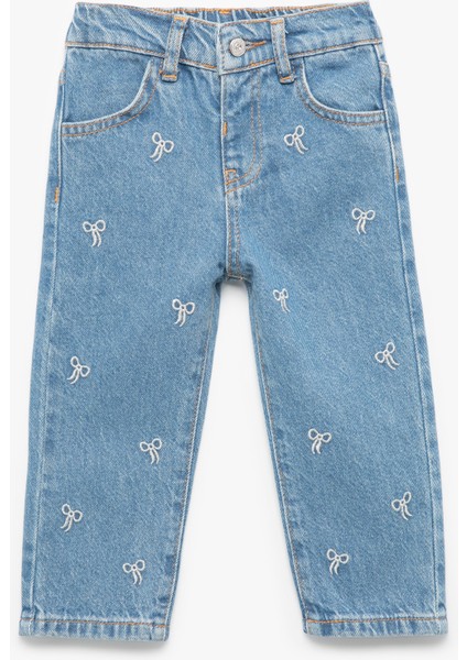 Nakış Detaylı Cepli Pamuklu Denim Pantolon